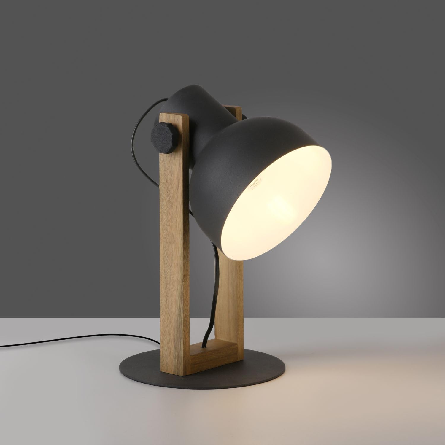 Licht-Erlebnisse Tischlampe Holz Metall Natur Schwarz Büro Wohnzimmer 45 cm E27 verstellbar wohnlich natürlich Industrial Tischleuchte Schreibtisch KORVIC