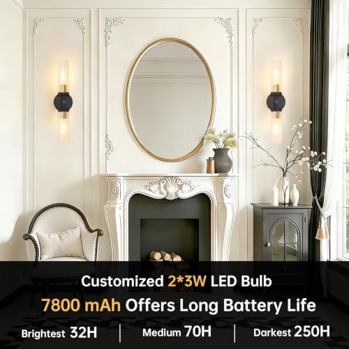 Image of Shenmoyl Set of 2 Wall Sconces, 7800 mAh Battery Operated Wall Sconce with 3 Colors & Remote Control, Black Gold Rechargeable Wall Lamp with Clear Glass Shade for Bedroom, Bathroom, Stairwell, Hallway