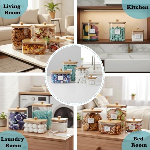 DUNE.Hub 4 Pack Laundry Pod Containers With Wooden Lids, Labels And Measuring Scoops, 30"W x 40"H, Dryer Sheet Holder, Clear Plastic Laundry Detergent Powder Container by DUNE.Hub - Used condition - Image 7