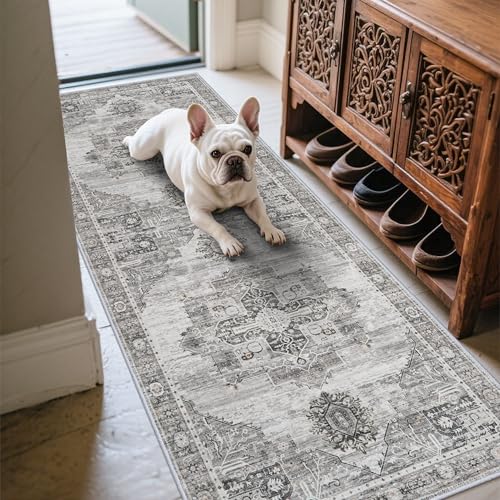 RUUGME 2x6 Hallway Runner Rugs - Washable Boho Rugs for Living Room Stain Resistant Vintage Carpet Tribal Rugs for Bedroom Kitchen Bathroom Non Slip Backing Decor Floor Decoration Mat 2x6 Grey