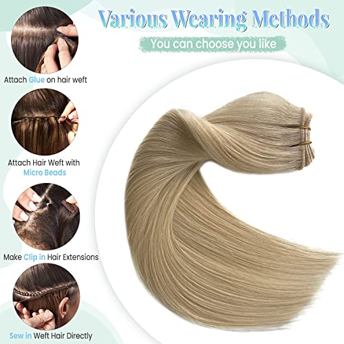 Image of Sew in Hair Extensions Real Human Hair, Blonde Weft Hair Extensions Human Hair, 14 Inch 80G Hand Tied Weft Hair Extensions Human Hair Bundles Weave Extensions for Women
