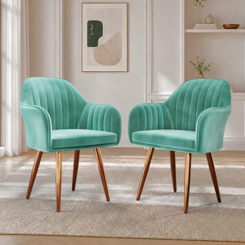 Image of Vergo Plush Velvet Dining Chair, Cushion Seat, Wooden Frame, Metal Legs, Premium Accent Chair for Living Room, Bedroom, Dining Room, Cafe & Restaurant (Set of 2, Turquoise)