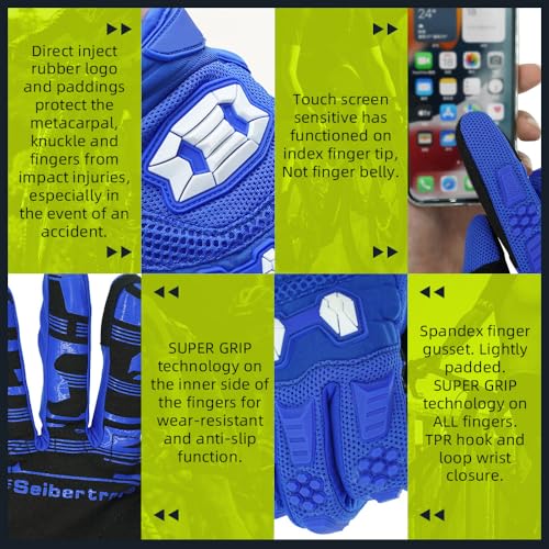 Image of Seibertron Youth Unisex MX ATV MTB Racing Gloves - Full Finger Touchscreen Glove for Bicycle Cycling Mountain Biking Motorcycle and Motocross Blue XS