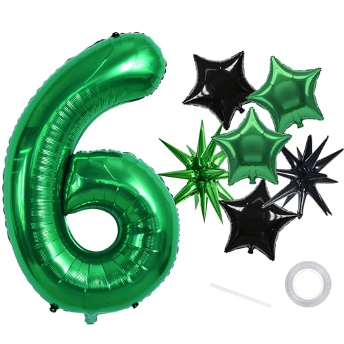 Image of TONIFUL 6th Birthday Balloons 40 Inch Green Large Number 6 Foil Balloon 18 Inch Helium Mylar Heart Star Shaped Ballons for Boys Men Birthday Anniversary Graduation New Year Eve Party Decoration