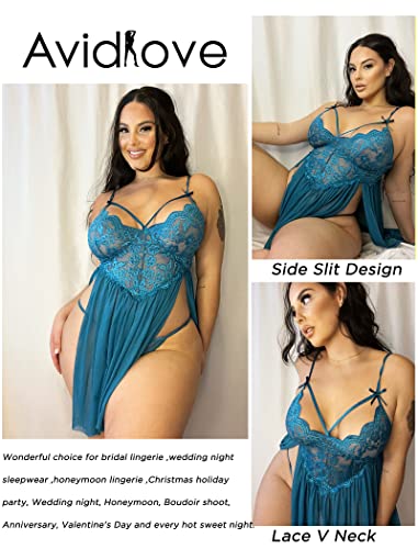 Image of Avidlove Plus Size Lingerie Lace Babydoll Womens Strap Chemise Nightgown V Neck Nighty Mesh Sleepwear Side Slit Nightdress