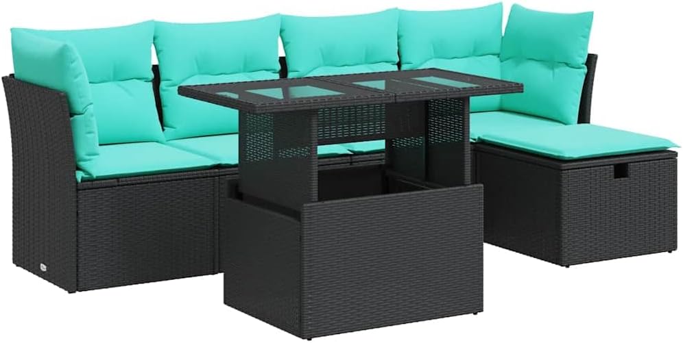 6 Piece Patio Sofa Set with Cushions Black Poly Rattan Acacia Outdoor Furniture Set Garden Seating Ensemble for Garden Backyard