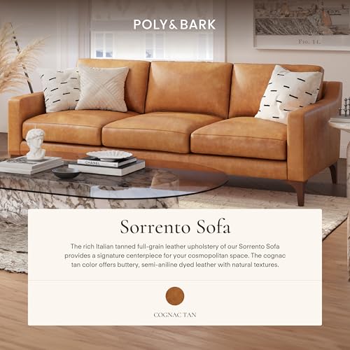 Image of POLY & BARK Sorrento 86 inch Sofa - Cognac Tan Full-Grain Pure-Aniline Italian Leather, Feather-Down Cushions, Solid Wood Frame & Walnut Legs