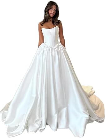 LIPOSA Strapless Corset Satin Wedding Dress for Bride Empire Waist A Line Ball Gown with Pockets LP009