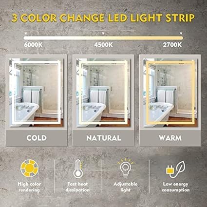 Image of LED Bathroom Mirror | Front 3-Color Light & Warm Back Glow | Dimmable, Defogger, Memory Function | Modern Vanity Wall Mirror (60x90 cm)