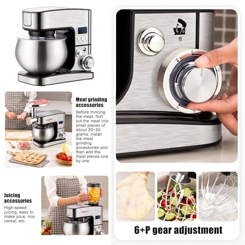3-in-1 Mixers For Baking,5L Food Mixers For Baking With Bowl, Led Display,3 Types Of Mixers, 6 Speed Control Stainless Steel Food Mixer,with Dough Hook, Stirring Paddle & Egg Cage Rough noodles - Image 3