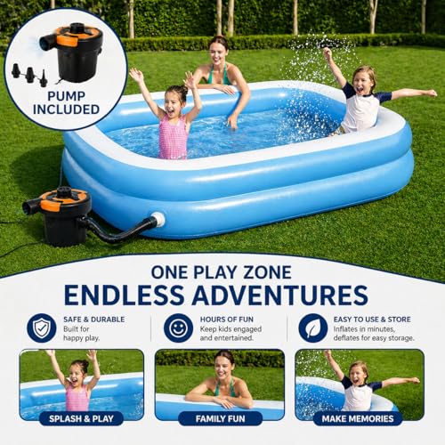 Image of NHR Inflatable Swimming Pool for Kids & Adults with Electric Air Pump (6.7 FT / 201x150x51 cm), 450L Capacity Thick PVC Rectangular Family Water Pool for Backyard Outdoor Garden, Blue & White