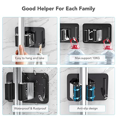 Image of homeasy Broom Holder Wall Mount 4Pcs, Self Adhesive Mop Broom Hanger | Self adhesive stainless steel broom organizer with 4 hooks, holds mops, brooms and garden tools without drilling