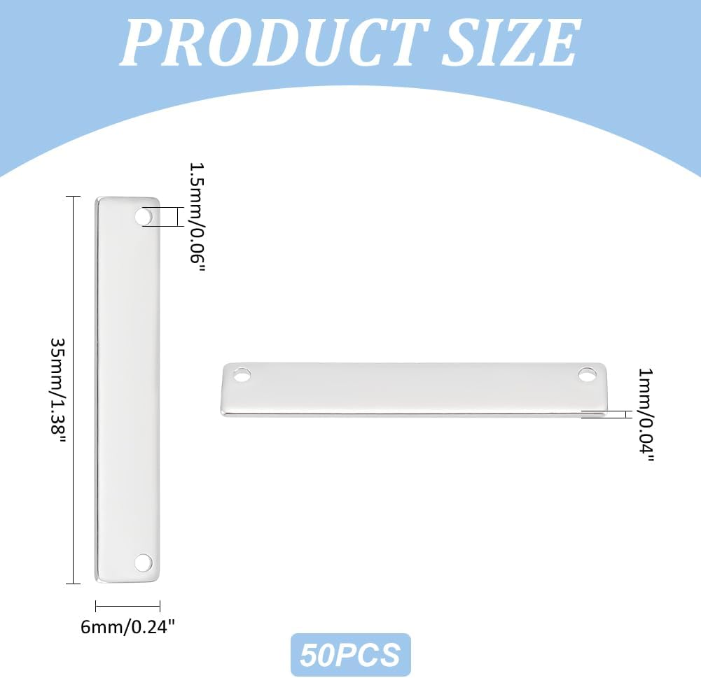 UNICRAFTALE 50Pcs 304 Stainless Steel Name Tag Links Connector Charms 35mm Long Rectangle Blank Tag Necklace Bracelet Pendant Connector Hole 1.5mm for Jewelry Making - Image 3