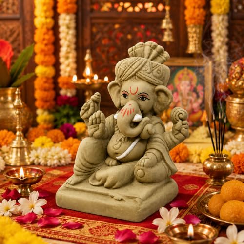 Image of Clay Ganesh Idol, 4 Inches Height, Water Soluble Ganpati Murti for Ganpati Visarjan (Small) (Natural Brown - Pagri Ganesha)