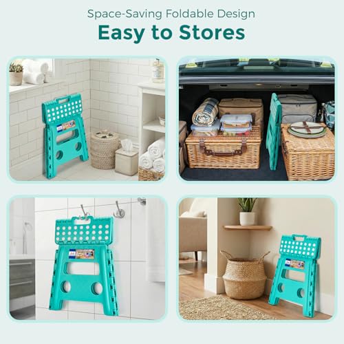Image of ACKO Folding Step Stool 13 Inch, Sturdy Collapsible Step Stool Foldable Up to 300 lbs for Adults, Non Slip Lightweight Foot Stools with Handle, Ideal for Kitchen, Bathroom, Bedroom, Garden, Teal