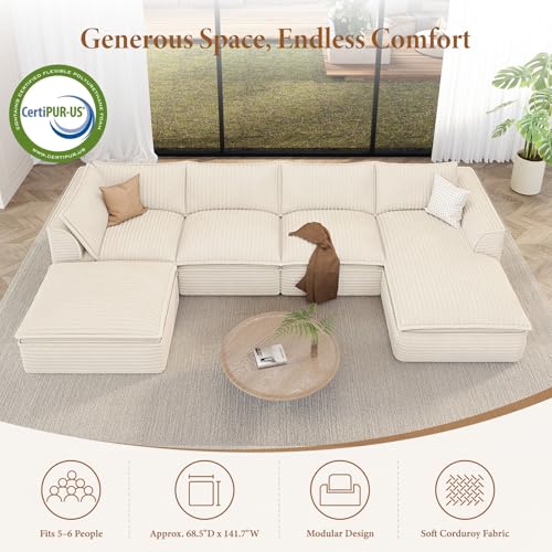 Image of Vesgantti 141.7 inch U Shaped Sectional Boneless Couch, Modern 6 Seater Modular Sofa with Chaise & Ottoman, Deep Seat Plush Corduroy Cloud Couches for Living Room, No Assembly Required, Beige