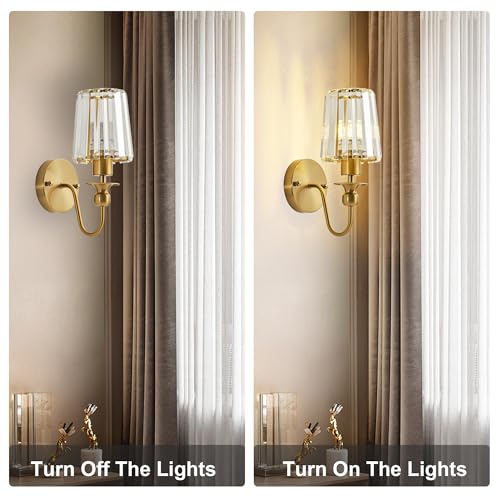 Image of KARTOOSH Hardwired Crystal Wall Sconces Set of 2 | 11.2 Inch Brass Wall Lights Dimmable 3000K Warm White Wall Lamps for Hallway, Bathroom, Living Room, Bedroom