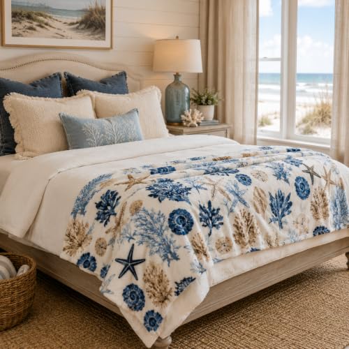 Ocean Coastal Shells Manta de Tirar, Azules Náuticos Beige sobre Blanco, 50x70 miniatura 4