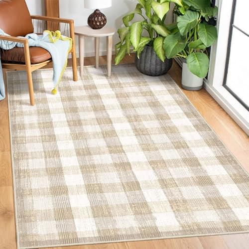 Image of Checkered Area Rug, 3x5, Beige | Washable, Non Slip, Modern Neutral, For Living Room Bedroom Office Patio Dining Room