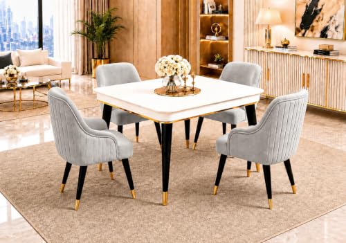 Image of WOODEN SPACE 4 Seater Wooden Dining Table Set | Urban Marble Top Dining Table with Chairs for Dining Room & Kitchen (Modern Zyro Light Grey) (42 x 42 x 30 inch)