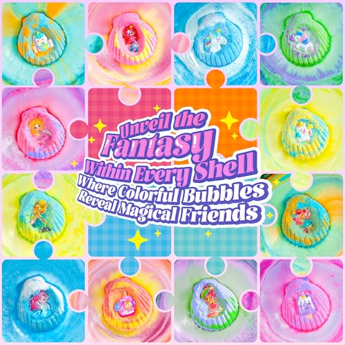 BreezeDream Shell Bath Bombs for Girls – 12 Pack Child-Safe Aromatherapy Bath Bombs with 20 Surprise Toys Inside, 6 Fruity Scents in 2 Gift Boxes (Mermaid & Unicorn Themes), for Kids