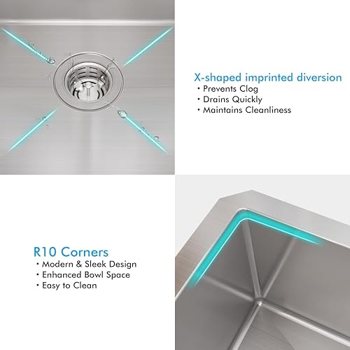 Miniatura 4 de VADANIA Fregadero de barra de cocina de 20 pulgadas, 20 x 18 x 10 pulgadas, cuenco individual, montaje inferior, acero inoxidable T304 de calibre