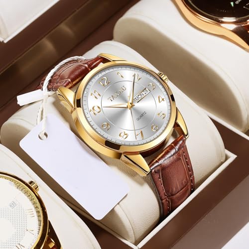 Men's Watch Big Face Easy Read Arabic Numeral Dress Watches for Men Classic Black Brown Leather Band Analog Mens Wrist Watch with Day and Date Fashion Business Waterproof Luminous Quartz Watch4