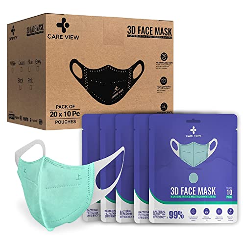 Image of Careview N95 3 Dimensional Disposable Face Mask Pouch with 4 Layered Filtration, SITRA and BIS(ISI) certified & Incredibly Soft Spandex Non Woven Fabric Ear loop (MEDICAL GREEN, PACK OF 200)