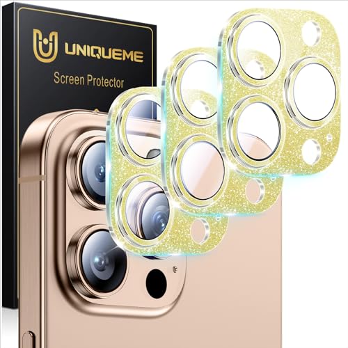 UniqueMe for 3 Pack iPhone 16 Pro/iPhone 16 Pro Max Camera Lens Protector - [Drop Protection] [Case Friendly] 9H Tempered Glass Camera Cover Screen [Update New Version] - Glitter Gold