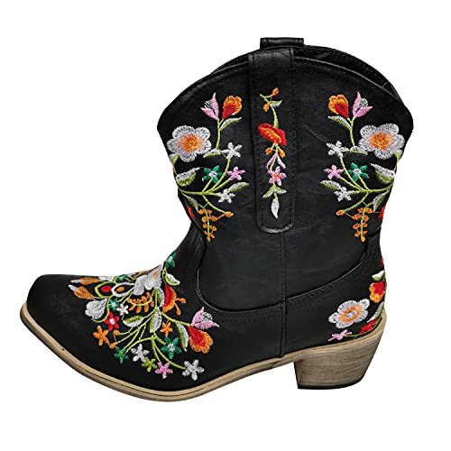 gloryinterest Cowboy Boots for Women Ankle Cowgirl Boots Western Flower Embroidered Square Toe Chunky Heel Stitched Retro Black Brown Red Blue Yellow Purple US5.5-10.52