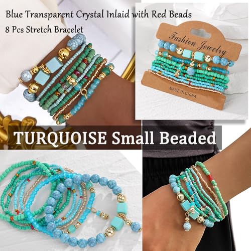 17IF 30 Pcs Silver Bead Bracelet Set for Women, Charm Colorful Crystal Stone Wooden Stackable Boho Turquoise Evil Eye Butterfly American Star Heart Stretch Chain for Friendship4