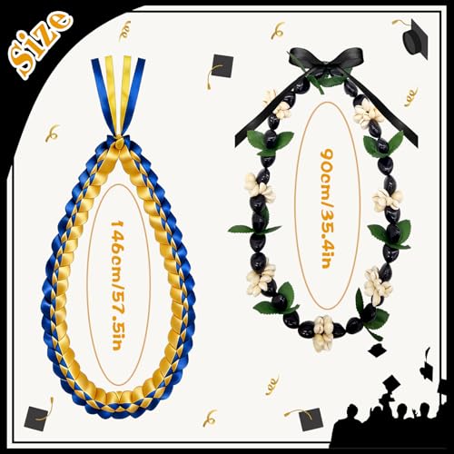 Benwanfee 2 Pcs Graduation Leis 2026 Graduation Ribbon Lei Hawaiian Black Kukui Nut Leis Braided Beads Necklace Class of 2026 Grad Gifts for High School College Graduation Party Accessories (Blue)
