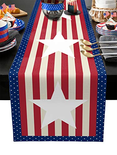 Independence Day Cotton Linen Table Runner Dresser Scarves,July 4Th Usa Flag Theme Stars Table Runners For Dinning Table,Red White And Blue Kitchen Holiday Dinner Decoration-13X90 Inch #TOP6