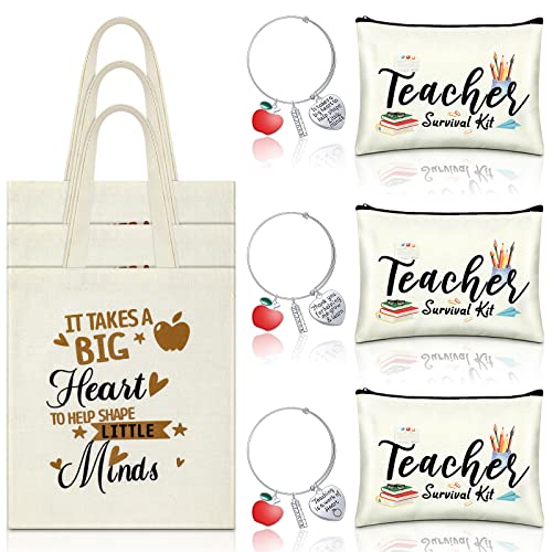 9 Pcs Teacher Appreciation Gifts Sets Teacher Makeup Pouch Cosmetic Bag Teacher Tote Bag Bulk Canvas Teacher Bangle Bracelet Teacher's Day Birthday Graduation Back to School Gift for Teacher