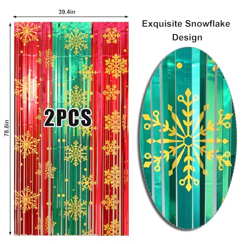 Image of 2 Packs Christmas Foil Fringe Curtain, Glitter Red Green Snowflake Metallic Tinsel Backdrop for Xmas Friendsmas Santa Claus Ugly Sweater New Years Eve Party Decoration Supplies