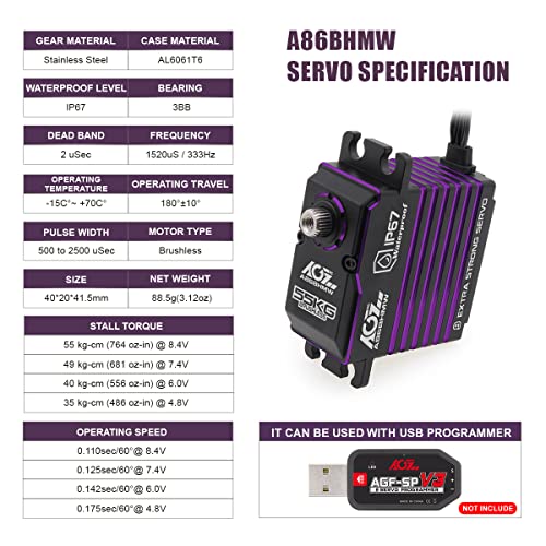 Agfrc 55Kg Digital-Steering-Servo High-Torque Waterproof - Programmable Metal Gear Brushless Servo For 1/8 Rc Models, Control Angle 180°(A86Bhmw(Purple)) #TOP1