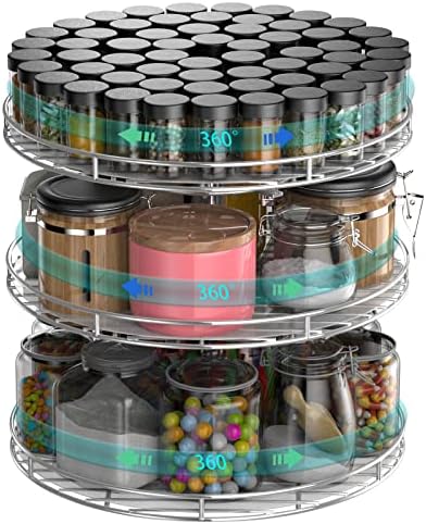 3 Tier Spice Rack Lazy Susan 13 inch, Large Shelf for Kitchen, Independently Rotating,Height-Adjustable, Spinner Cabinet Organizers and Storage, Under Sink Organizer Turntable, with PP Plastic Sheet