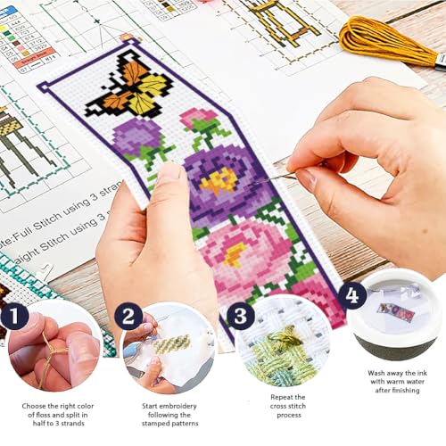 Image of ACRNIGHEET 6PCS Cross Stitch Bookmark Kit for Beginner Stamped Cross Stitch Kits for Adults Floral DIY Tassel Embroidery Bookmark Kits Needlepoint Kit with Instructions Craft Gift 8.5''x3'' 11CT