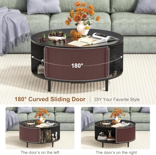 Image of Round Coffee Table, 31.5 inch Fluted Center Table with Storage, Lift-Top Coffee Table with Adjustable Footpads, Sliding Door, Mid-Century Modern Center Table for Living Room, Small Space (Black)