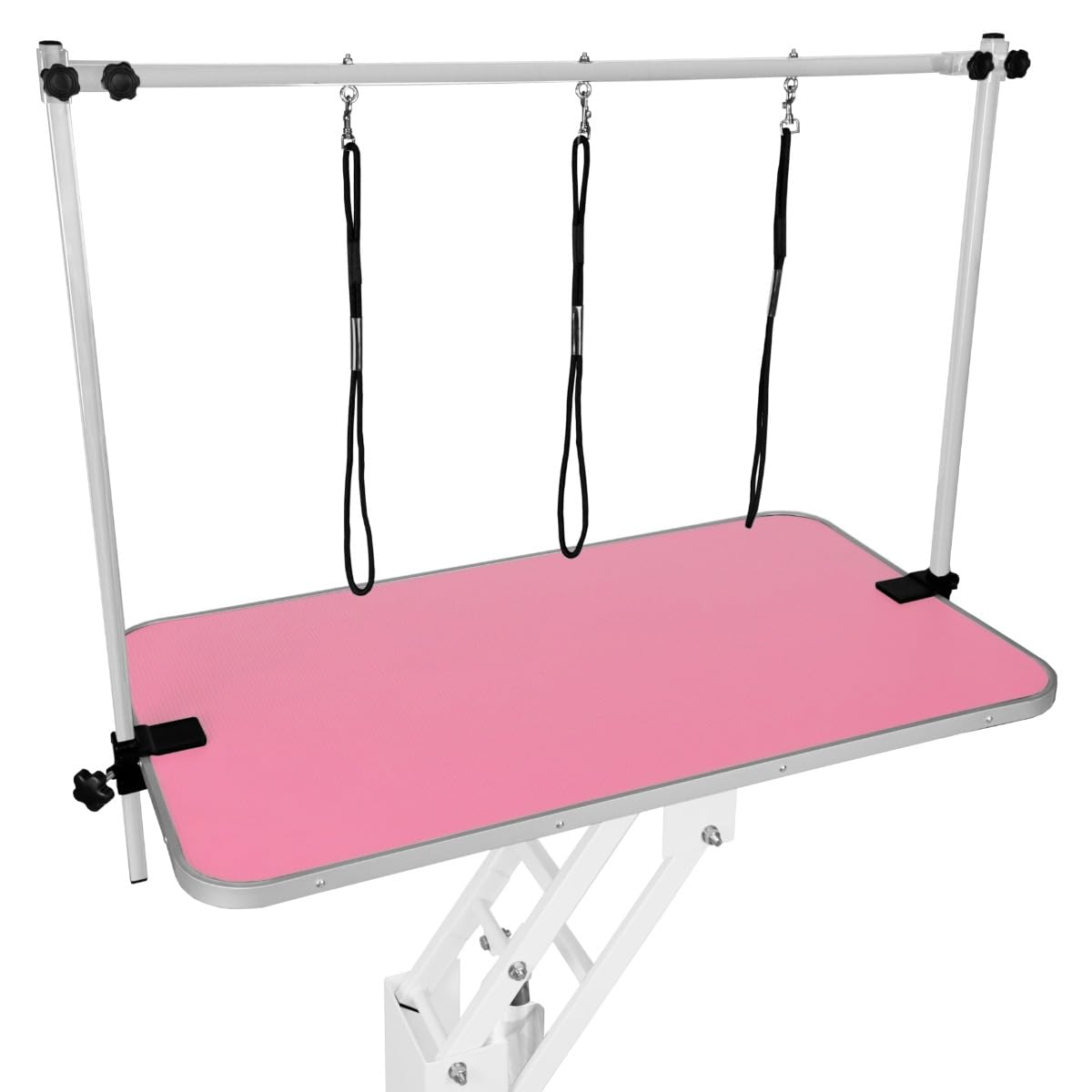 Hydrauliczny podnośnik stołu do pielęgnacji zwierząt domowych, z regulacją wysokości, 180 kg, udźwig duży, 106 cm x 61 cm, różowy, gumowy blat, profesjonalna, wytrzymała, stalowa, biała rama, 4