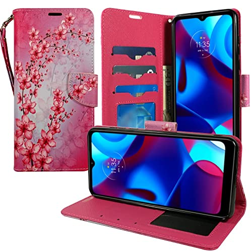 Zase Motorola Moto G Play (2023)/Moto G Pure/Moto G Power (2022) Wallet Phone Case Pouch PU Leather Flip Folio Cute Cover w/Kickstand ID Card Slot Wrist Strap Magnetic Lock (Pink Cherry Blossom)