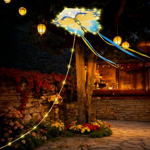 Toodour Solar Butterfly Lights Outdoor, 2.9Ft 174 LED Waterproof Kite Butterfly Garden Decor, 8 Modes Warm White Solar Garden Lights for Home Yard Patio Camping Decor - Blue & Yellow Butterfly