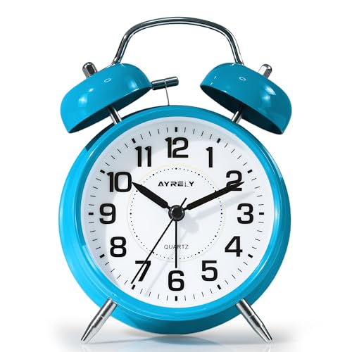 Image of AYRELY Super Loud Alarm Clock for Heavy Sleepers Adults,Twin Bell Retro 4 Inch Silent Non-Ticking Quartz with Backlight, Metal dial, Alarm Clocks for Bedrooms Bedside (Blue)