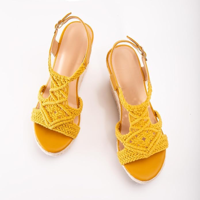 Image of Women's Woven Espadrille Wedge Sandals Bohemian Braided Open Toe Summer Shoes with Adjustable Strap 3.9 inch Platform Heel for Wide Feet, Comfortable Walking