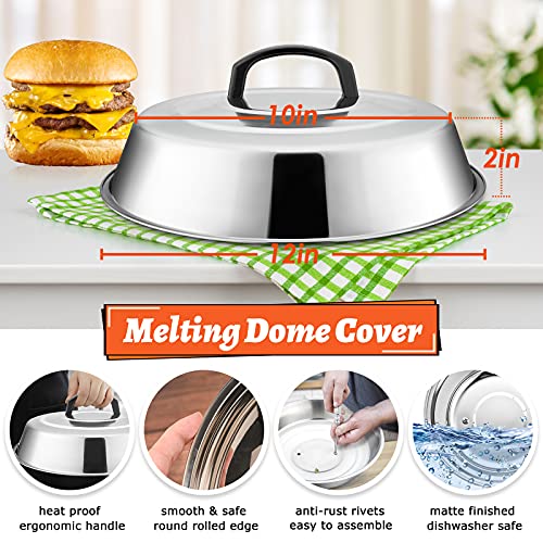 12In Cheese Melting Dome & 7In Cast Iron Grill Press, HaSteeL Stainless Steel Basting Cover with Heavy Duty Burger Bacon Press, Griddle Accessories for Teppanyaki Flat Top Stovetop Indoor & Outdoor