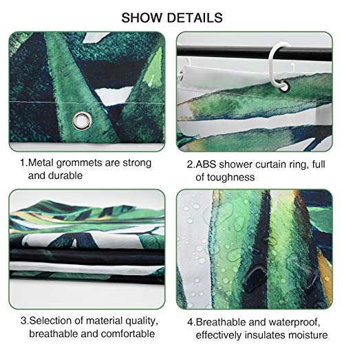 JTOOYS Shower Curtain Fabric, Printed Waterproof Shower Curtain 180 * 180cm, Dark Green Painted Plantain Bamboo Leaf Waterproof and Mildewproof White Polyester Fabric Bathroom Curtain - Image 3