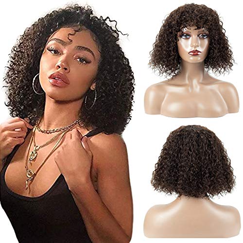 Kouwi Curly Headband Wig Human Hair Headband Wigs for Black Women Human Hair Wigs with Headbands Attached Easy Wear Brown 12inch