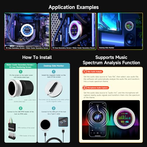 2.8inch USB Monitor, Water Cooler Screen/PC Case Secondary Screen/Desktop RGB Ambient Screen, 480×480, with Music Spectrum Analysis Function, Type-C Interface, CNC Metal Case in Black - Monitor - Immagine 4