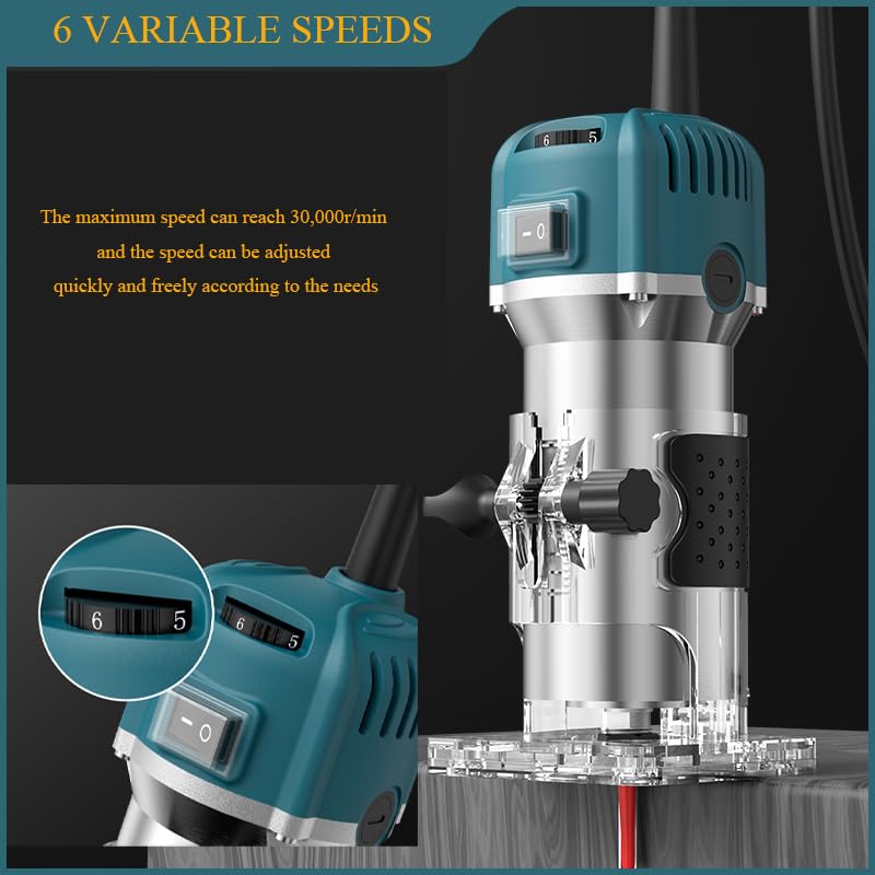 1/4" (6.35mm) Wood Router Tool, 800W 30000 RPM Palm Router, 6 Variable Speeds - Image 3