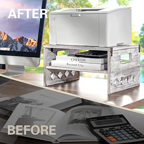 Becko Us Printer Stand With 2 Tier Storage Shelves Wood Printer Shelf Desktop Organizer For Home Office Coffee Corner Kitchen (Vintage White) #TOP1